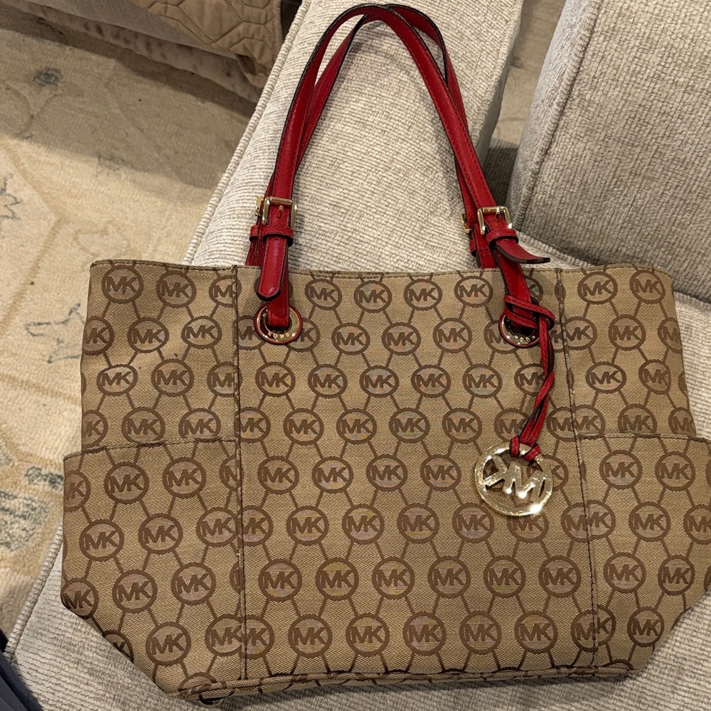 Michael Kors Tan and Red Signature Tote